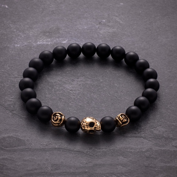 Other - Stainless Steel Antiqued IP-plated Skull & Roses 6mm Agate Stretch Bracelet